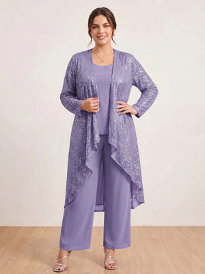 Chiffon Scoop Long Sleeves 3 Pieces Plus Size Pantsuits with Sequins & Jacket