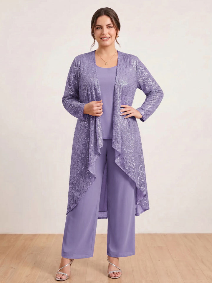 Chiffon Scoop Long Sleeves 3 Pieces Plus Size Pantsuits with Sequins &amp; Jacket