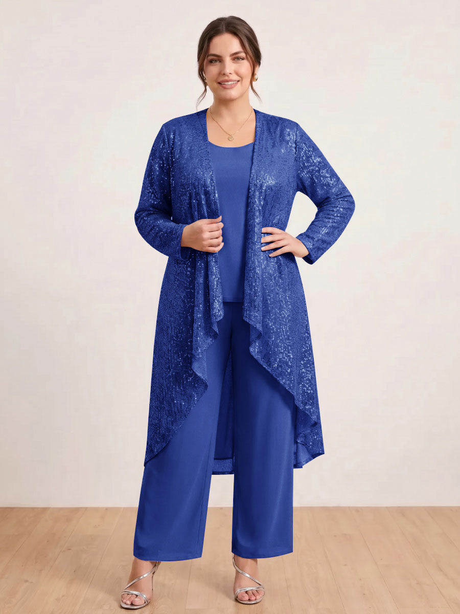 Chiffon Scoop Long Sleeves 3 Pieces Plus Size Pantsuits with Sequins &amp; Jacket