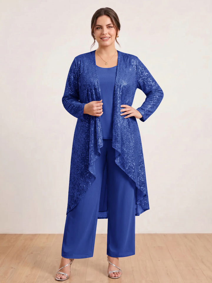 Chiffon Scoop Long Sleeves 3 Pieces Plus Size Pantsuits with Sequins &amp; Jacket
