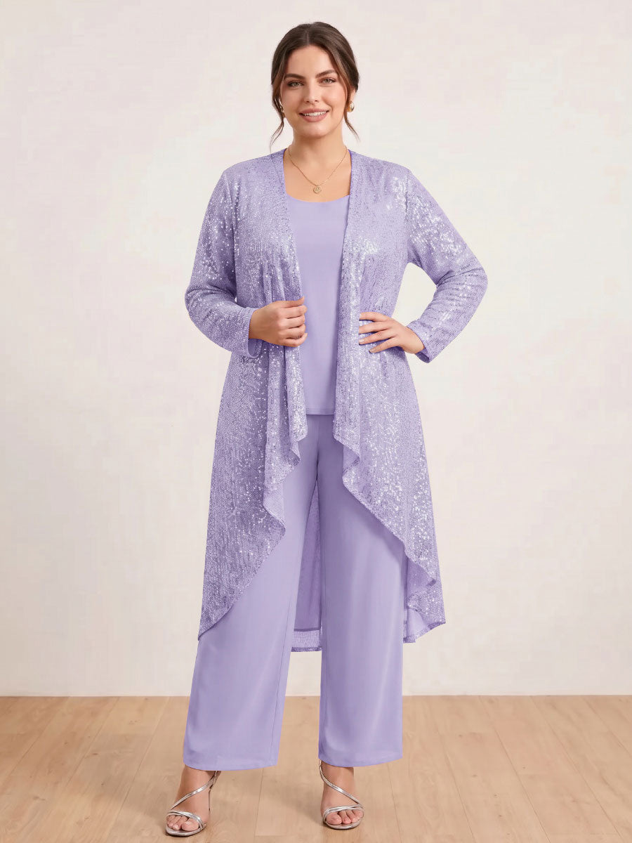 Chiffon Scoop Long Sleeves 3 Pieces Plus Size Pantsuits with Sequins &amp; Jacket