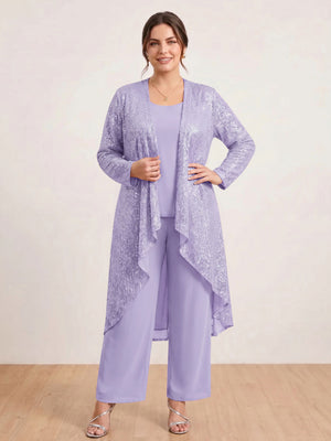 Chiffon Scoop Long Sleeves 3 Pieces Plus Size Pantsuits with Sequins & Jacket
