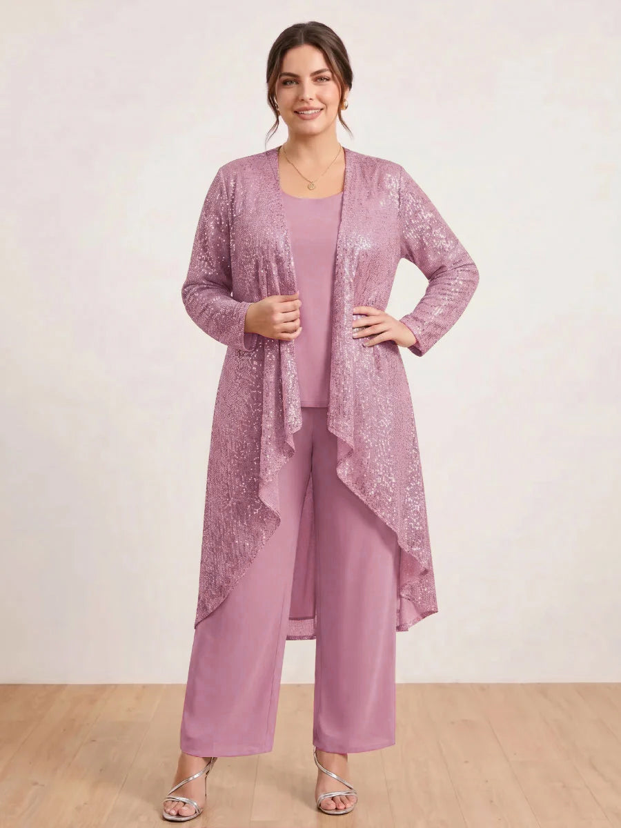 Chiffon Scoop Long Sleeves 3 Pieces Plus Size Pantsuits with Sequins &amp; Jacket