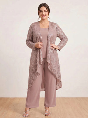 Chiffon Scoop Long Sleeves 3 Pieces Plus Size Pantsuits with Sequins & Jacket