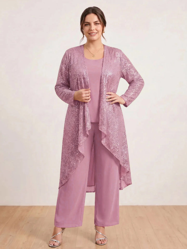 Chiffon Scoop Long Sleeves 3 Pieces Plus Size Pantsuits with Sequins &amp; Jacket