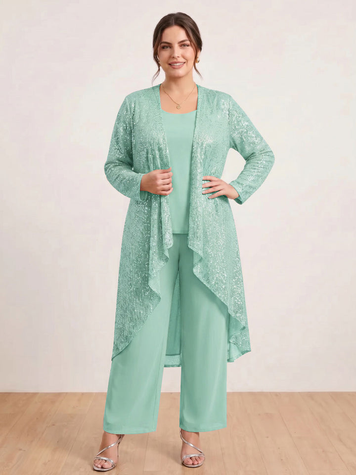 Chiffon Scoop Long Sleeves 3 Pieces Plus Size Pantsuits with Sequins &amp; Jacket