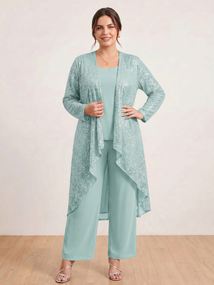 Chiffon Scoop Long Sleeves 3 Pieces Plus Size Pantsuits with Sequins &amp; Jacket