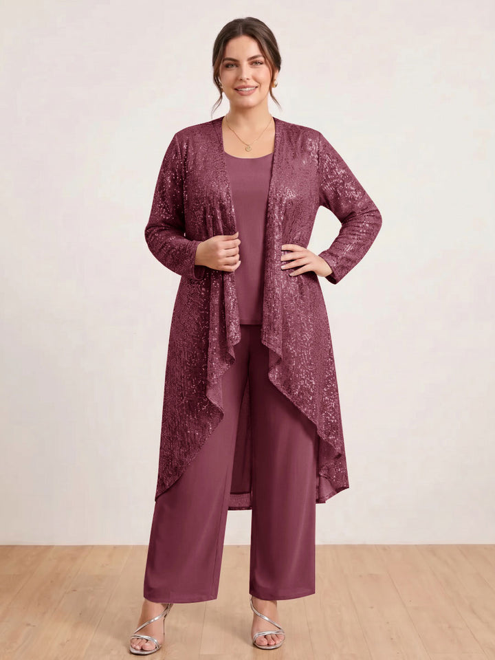 Chiffon Scoop Long Sleeves 3 Pieces Plus Size Pantsuits with Sequins &amp; Jacket