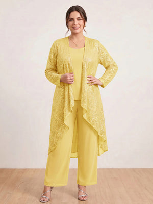 Chiffon Scoop Long Sleeves 3 Pieces Plus Size Pantsuits with Sequins & Jacket