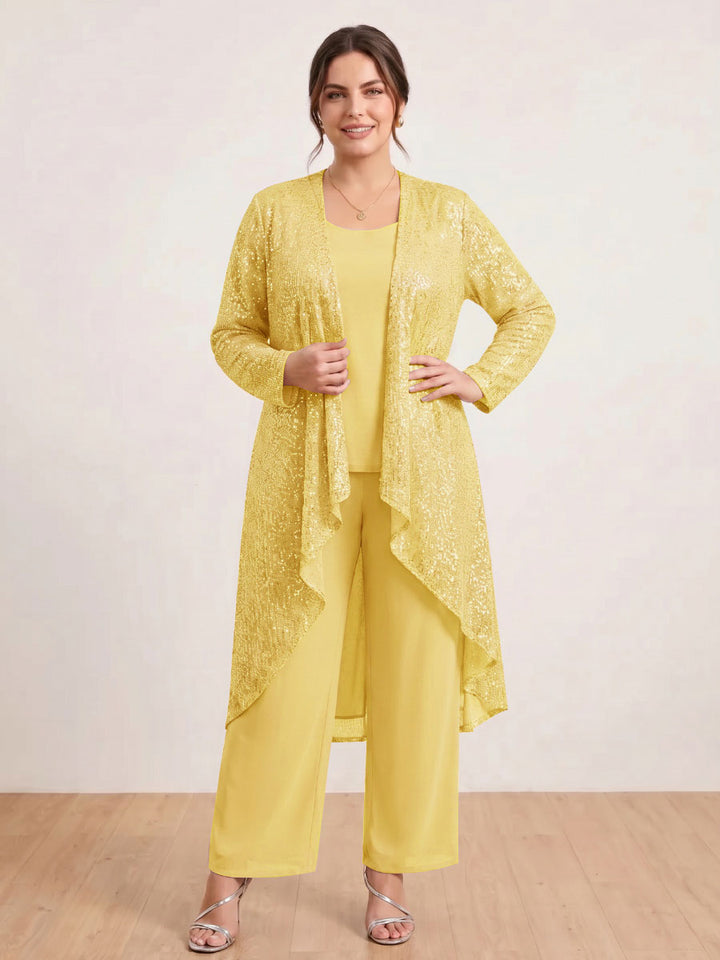 Chiffon Scoop Long Sleeves 3 Pieces Plus Size Pantsuits with Sequins &amp; Jacket