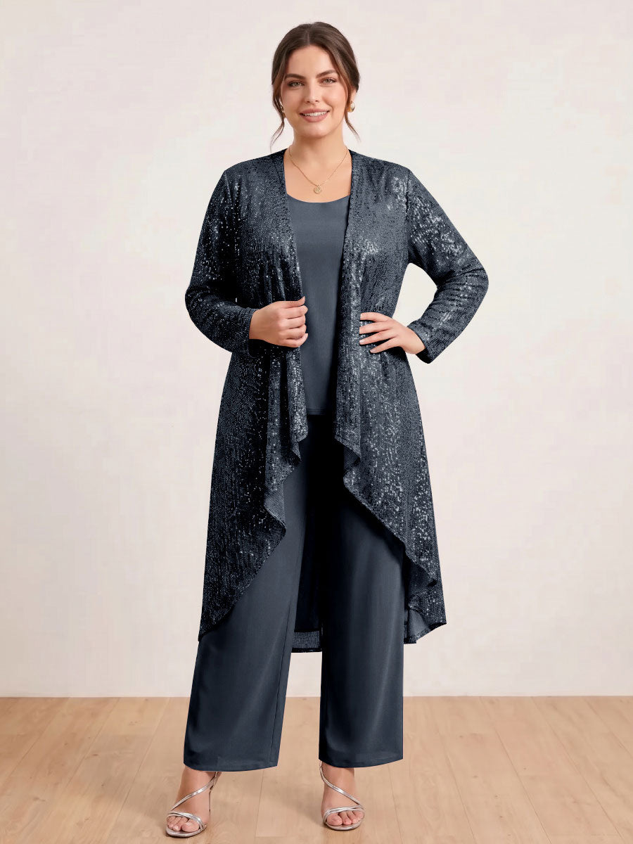 Chiffon Scoop Long Sleeves 3 Pieces Plus Size Pantsuits with Sequins &amp; Jacket