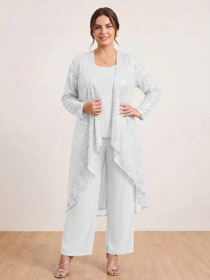 Chiffon Scoop Long Sleeves 3 Pieces Plus Size Pantsuits with Sequins &amp; Jacket