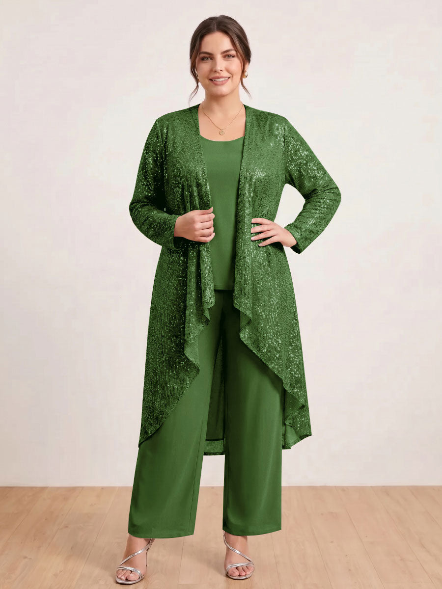 Chiffon Scoop Long Sleeves 3 Pieces Plus Size Pantsuits with Sequins &amp; Jacket