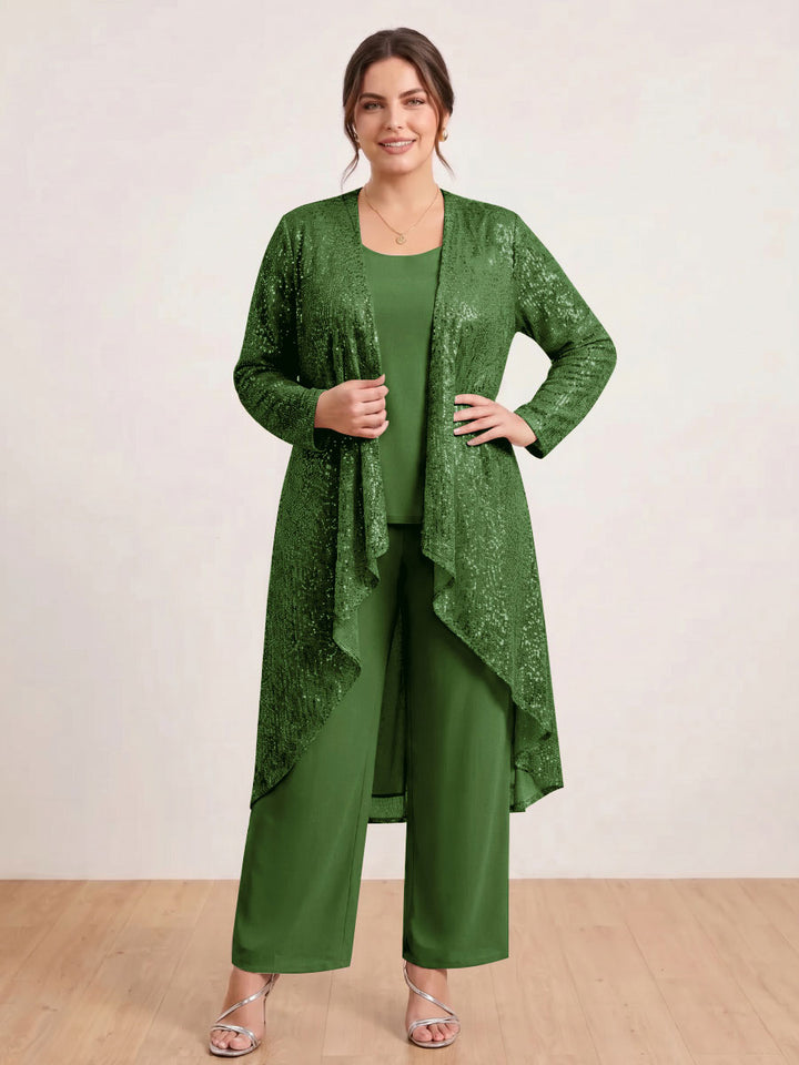 Chiffon Scoop Long Sleeves 3 Pieces Plus Size Pantsuits with Sequins &amp; Jacket