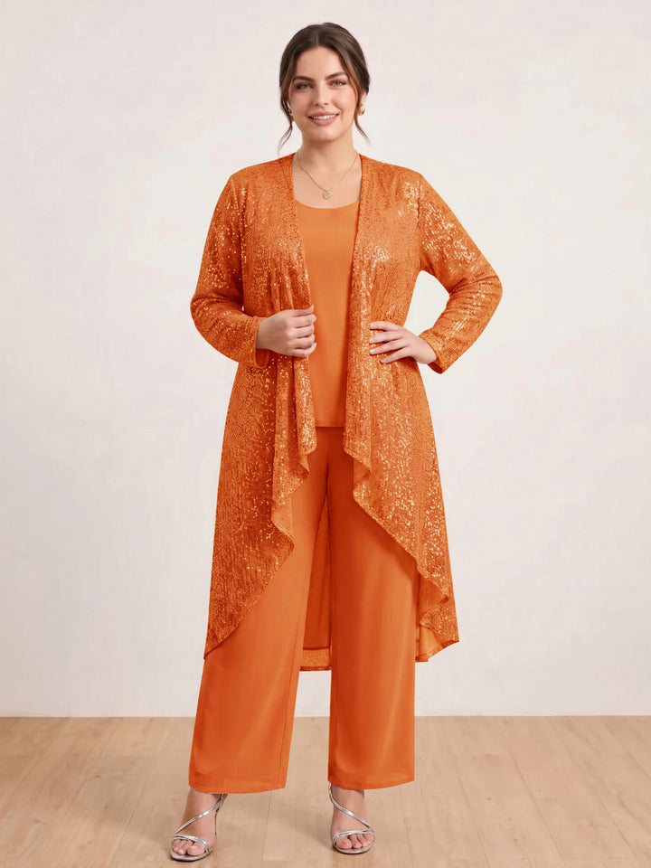 Chiffon Scoop Long Sleeves 3 Pieces Plus Size Pantsuits with Sequins &amp; Jacket