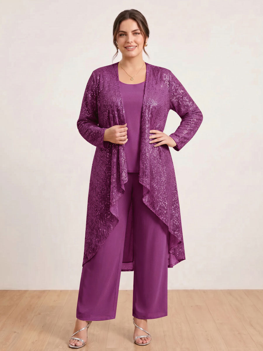Chiffon Scoop Long Sleeves 3 Pieces Plus Size Pantsuits with Sequins &amp; Jacket