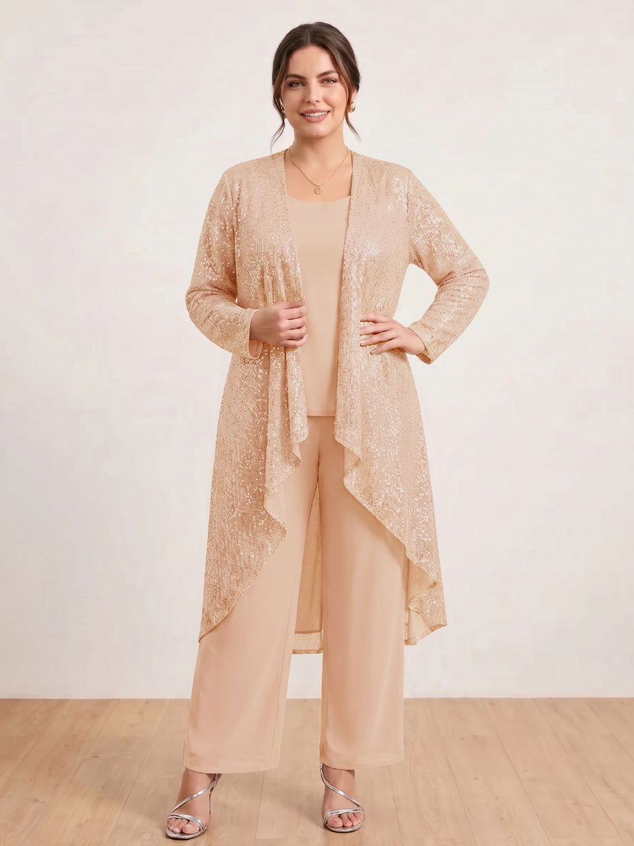 Chiffon Scoop Long Sleeves 3 Pieces Plus Size Pantsuits with Sequins &amp; Jacket
