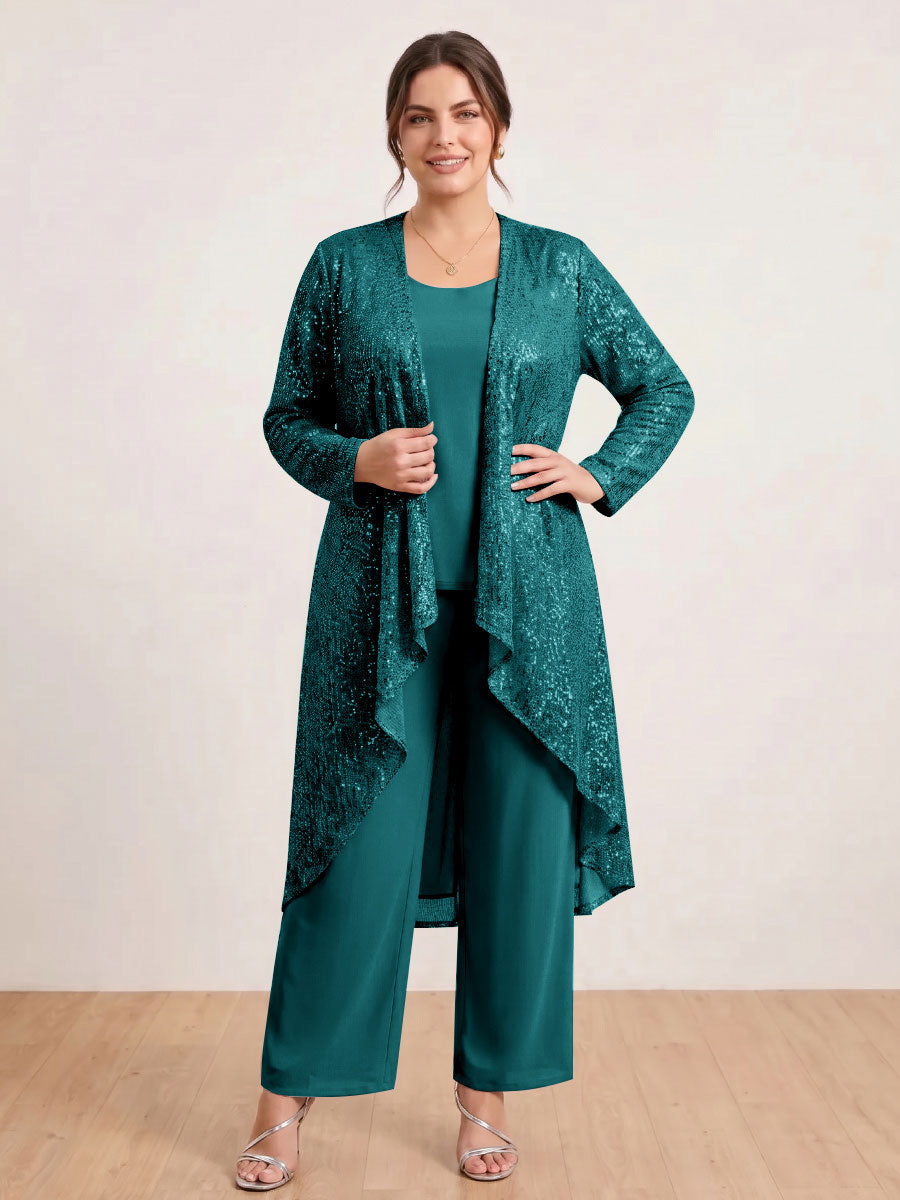 Chiffon Scoop Long Sleeves 3 Pieces Plus Size Pantsuits with Sequins &amp; Jacket