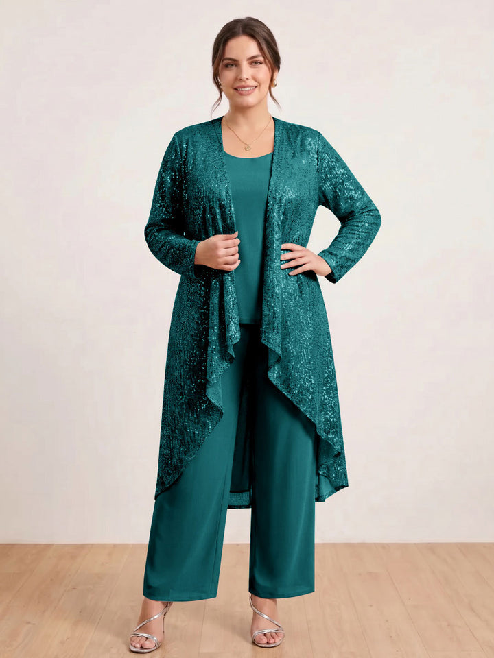 Chiffon Scoop Long Sleeves 3 Pieces Plus Size Pantsuits with Sequins &amp; Jacket