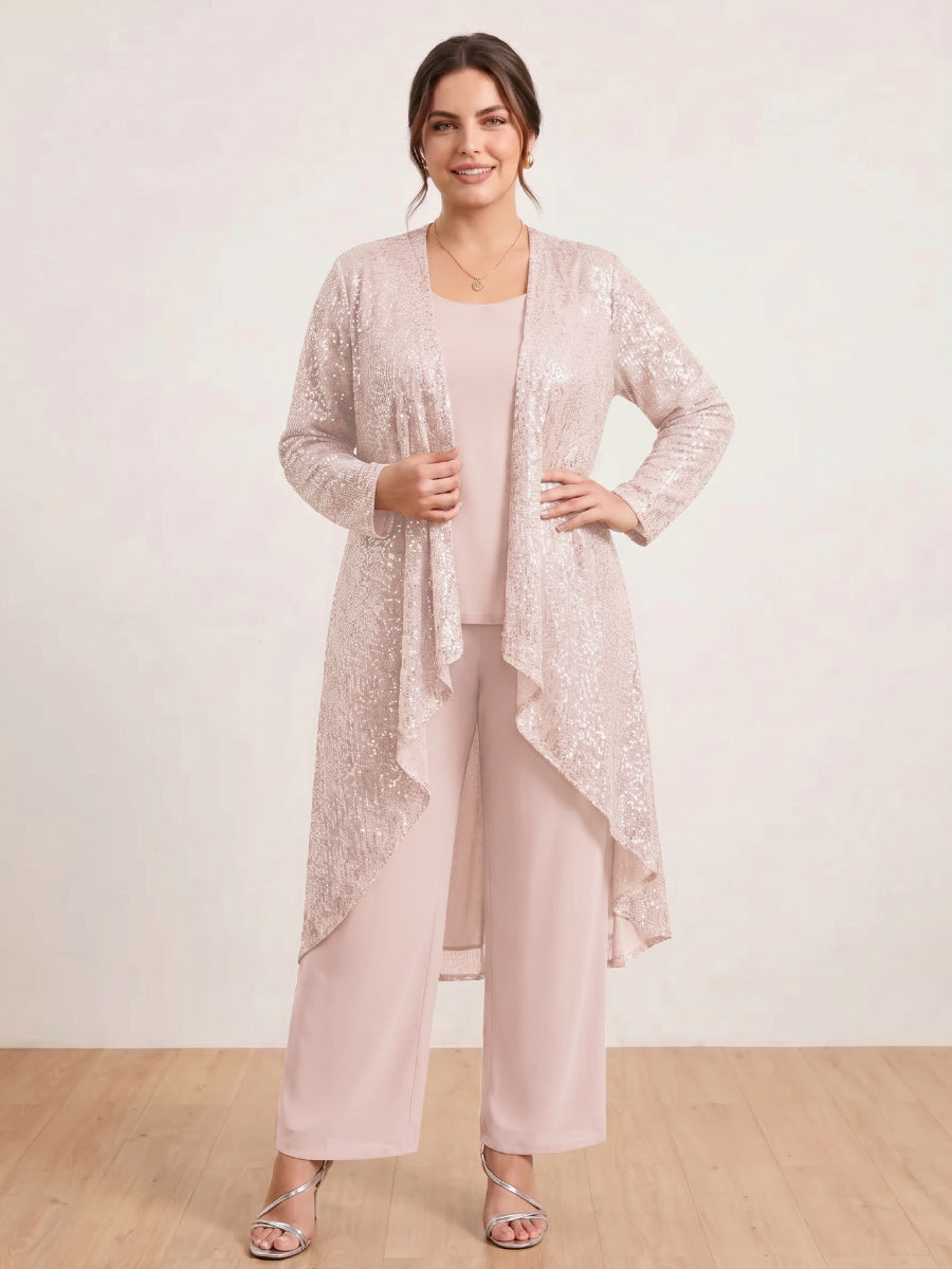 Chiffon Scoop Long Sleeves 3 Pieces Plus Size Pantsuits with Sequins &amp; Jacket