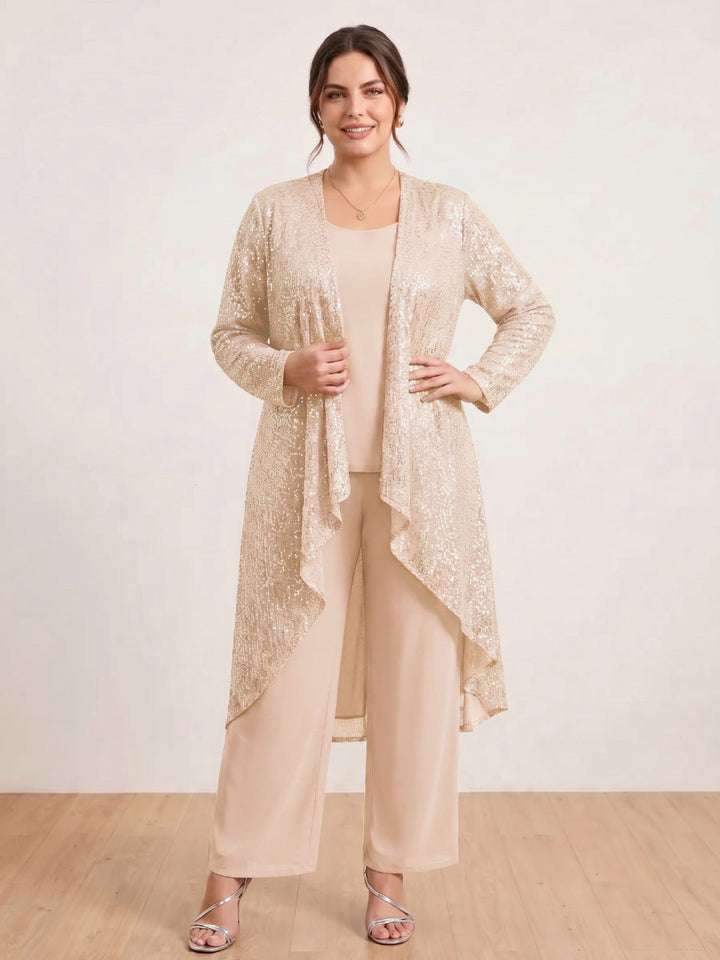 Chiffon Scoop Long Sleeves 3 Pieces Plus Size Pantsuits with Sequins &amp; Jacket