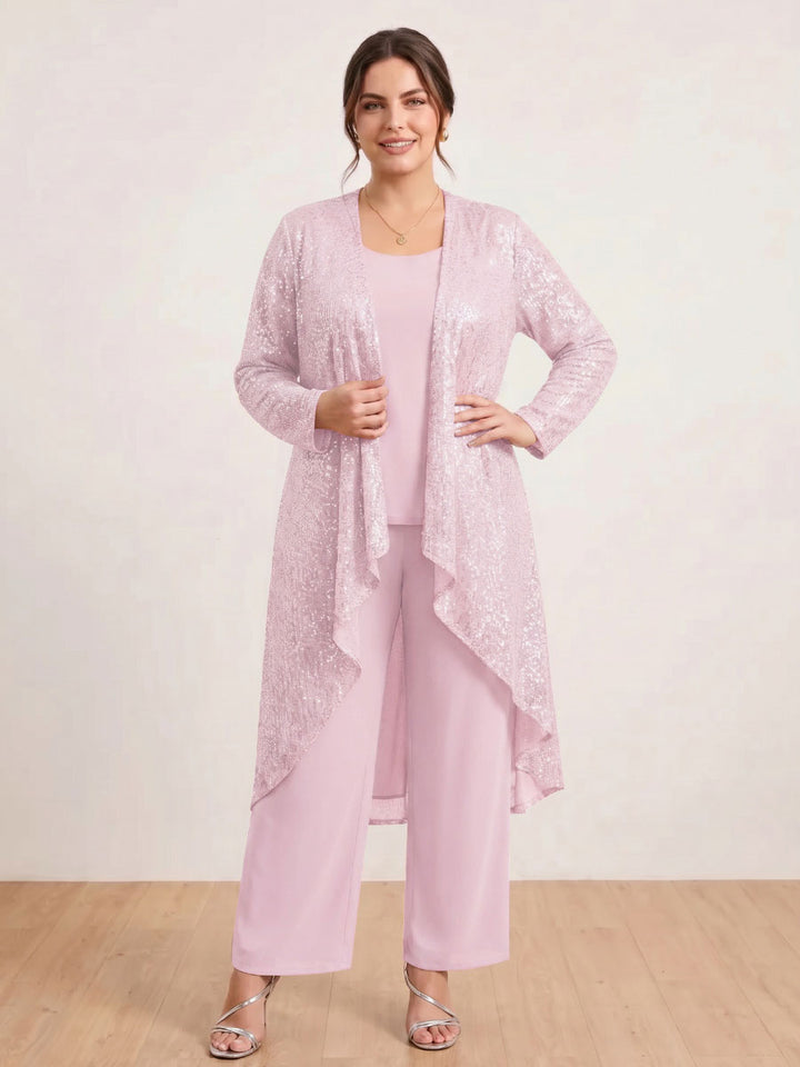 Chiffon Scoop Long Sleeves 3 Pieces Plus Size Pantsuits with Sequins &amp; Jacket