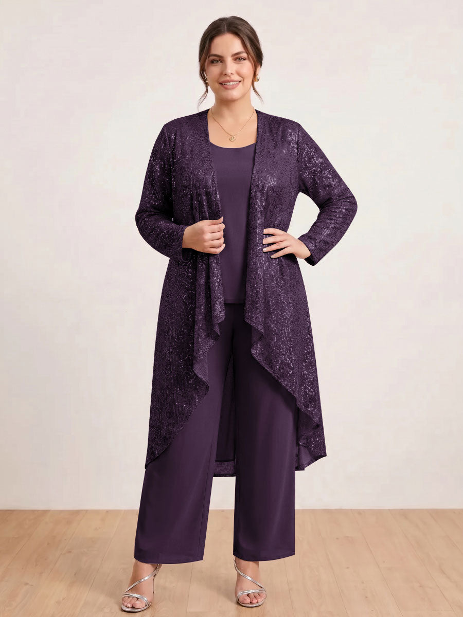 Chiffon Scoop Long Sleeves 3 Pieces Plus Size Pantsuits with Sequins &amp; Jacket