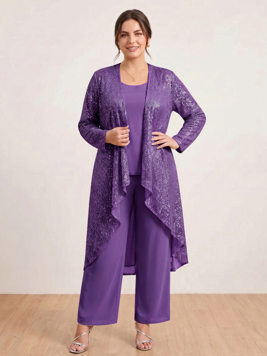 Chiffon Scoop Long Sleeves 3 Pieces Plus Size Pantsuits with Sequins &amp; Jacket