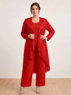 Chiffon Scoop Long Sleeves 3 Pieces Plus Size Pantsuits with Sequins & Jacket