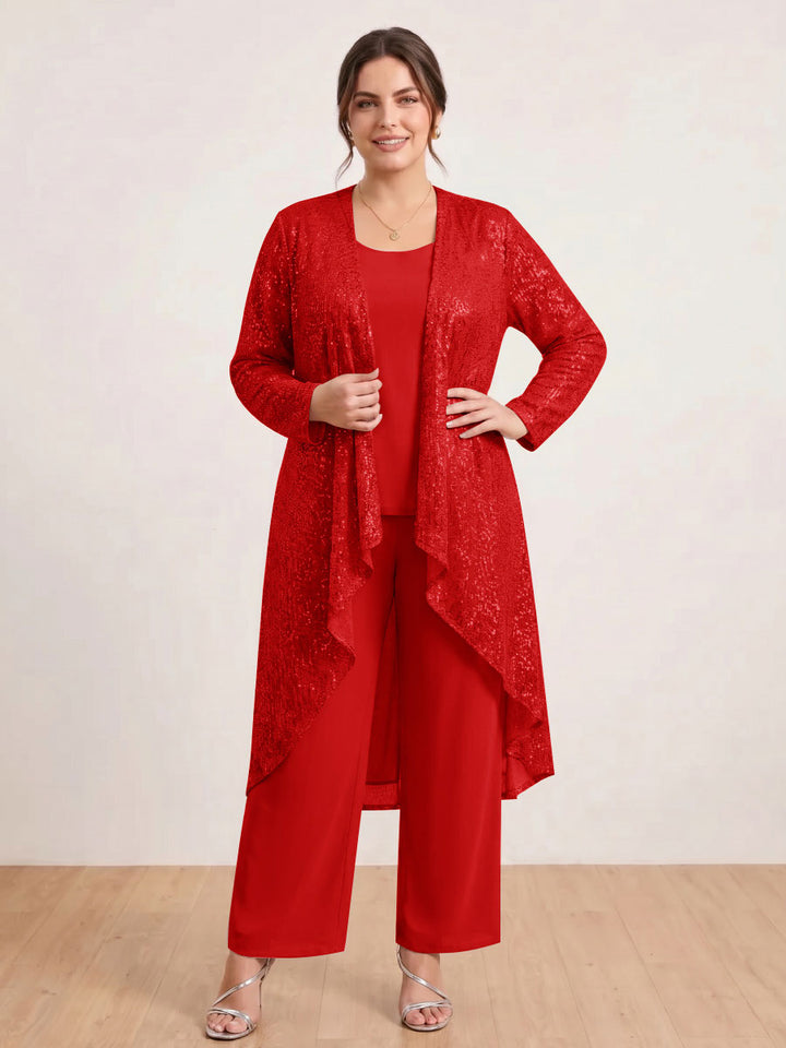 Chiffon Scoop Long Sleeves 3 Pieces Plus Size Pantsuits with Sequins &amp; Jacket