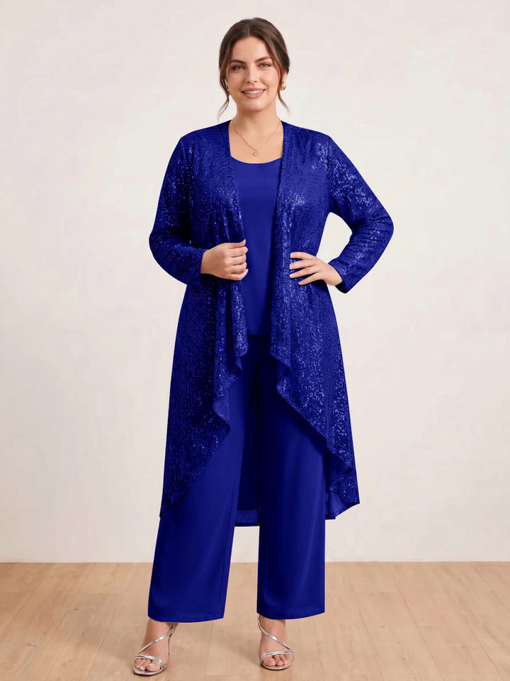 Chiffon Scoop Long Sleeves 3 Pieces Plus Size Pantsuits with Sequins &amp; Jacket