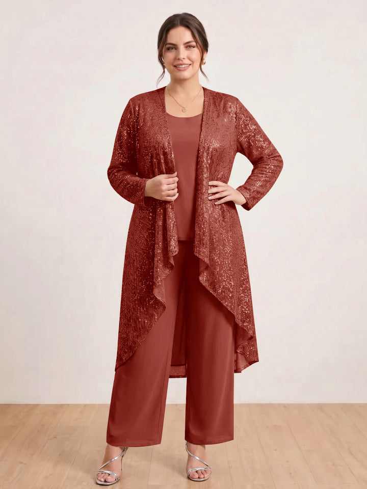 Chiffon Scoop Long Sleeves 3 Pieces Plus Size Pantsuits with Sequins &amp; Jacket