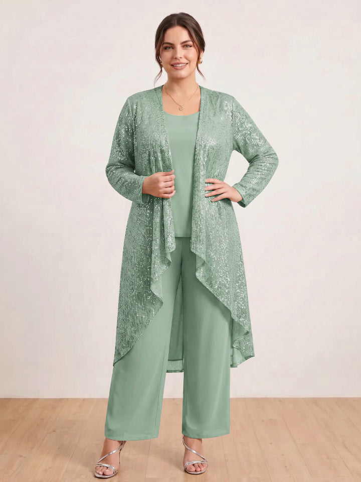 Chiffon Scoop Long Sleeves 3 Pieces Plus Size Pantsuits with Sequins &amp; Jacket