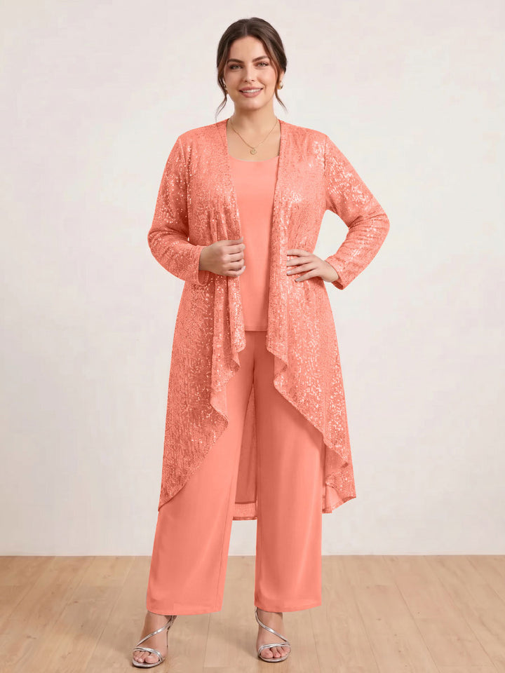 Chiffon Scoop Long Sleeves 3 Pieces Plus Size Pantsuits with Sequins &amp; Jacket