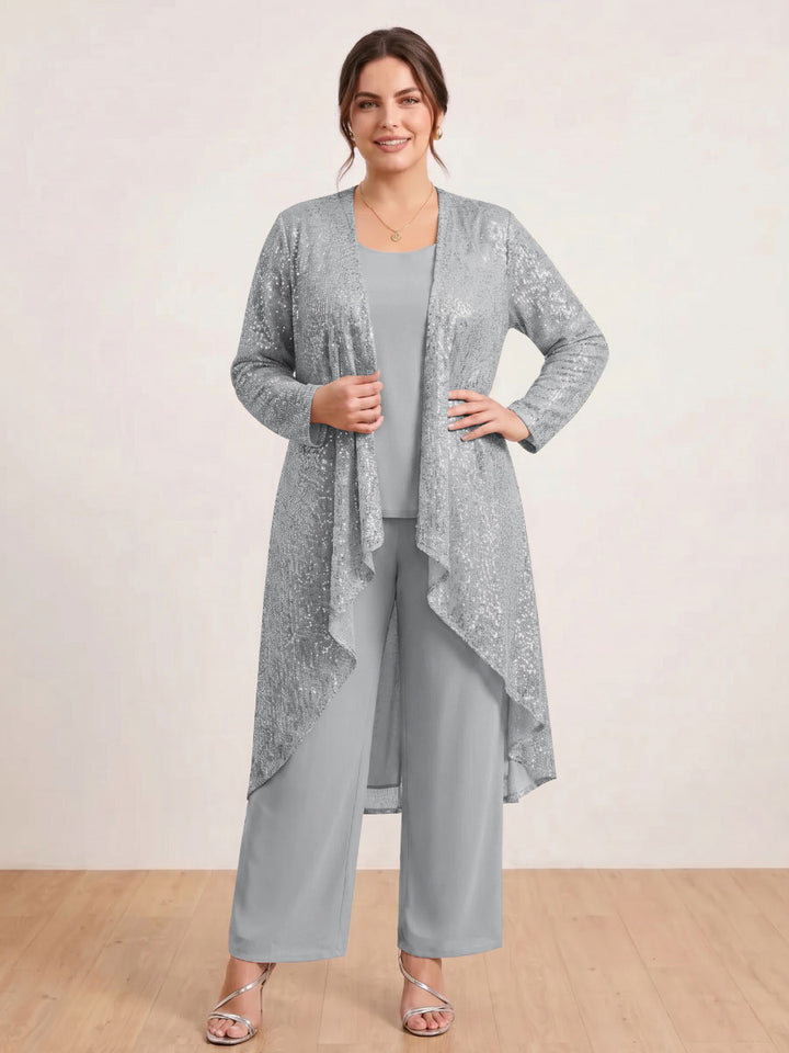 Chiffon Scoop Long Sleeves 3 Pieces Plus Size Pantsuits with Sequins &amp; Jacket