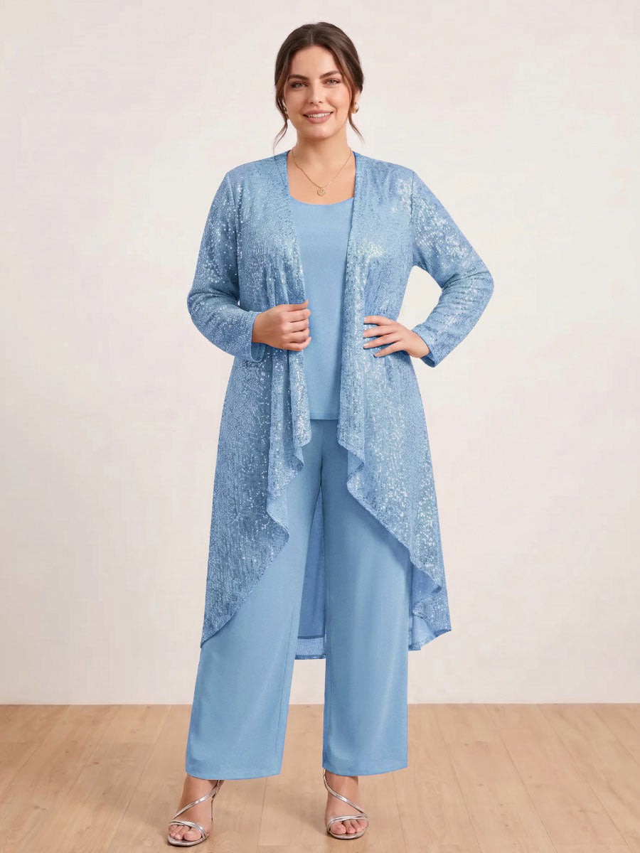 Chiffon Scoop Long Sleeves 3 Pieces Plus Size Pantsuits with Sequins &amp; Jacket
