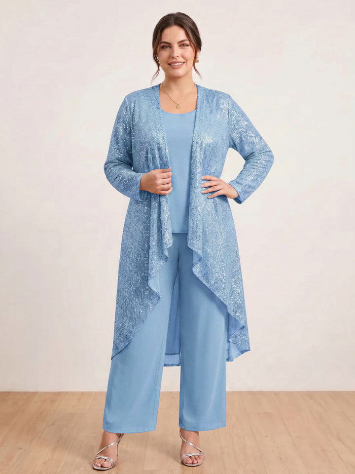 Chiffon Scoop Long Sleeves 3 Pieces Plus Size Pantsuits with Sequins &amp; Jacket