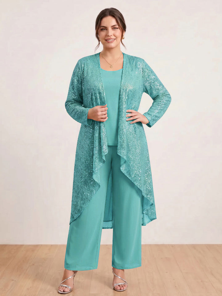 Chiffon Scoop Long Sleeves 3 Pieces Plus Size Pantsuits with Sequins &amp; Jacket