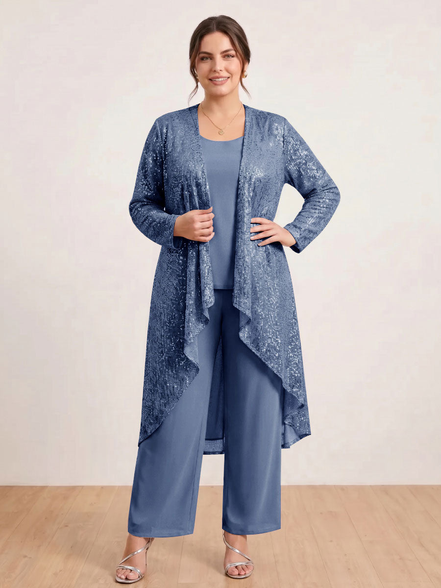 Chiffon Scoop Long Sleeves 3 Pieces Plus Size Pantsuits with Sequins &amp; Jacket