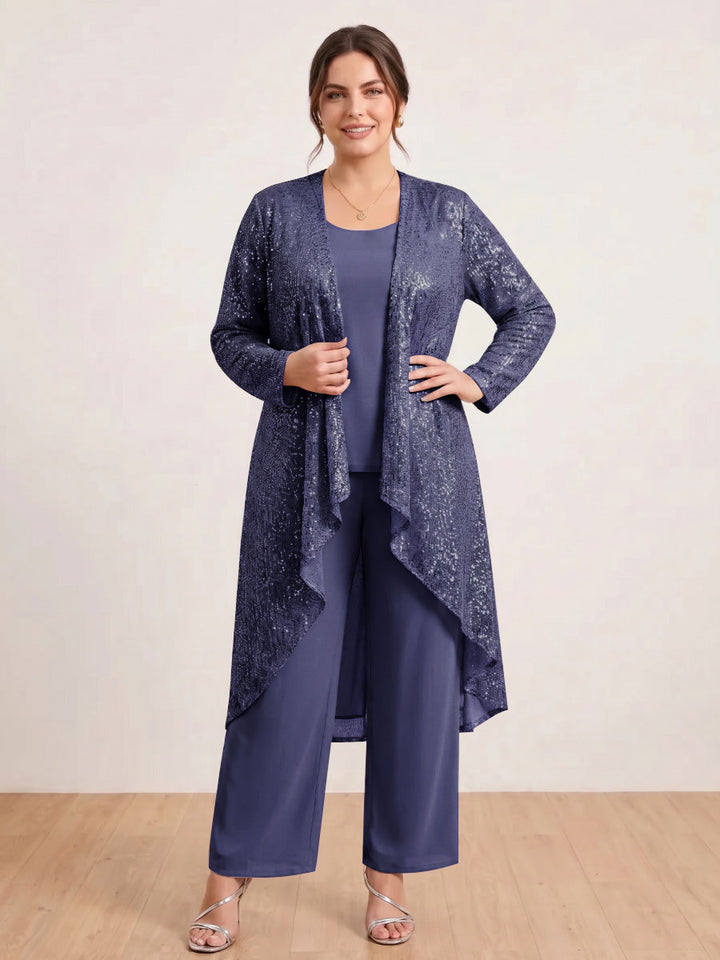 Chiffon Scoop Long Sleeves 3 Pieces Plus Size Pantsuits with Sequins &amp; Jacket