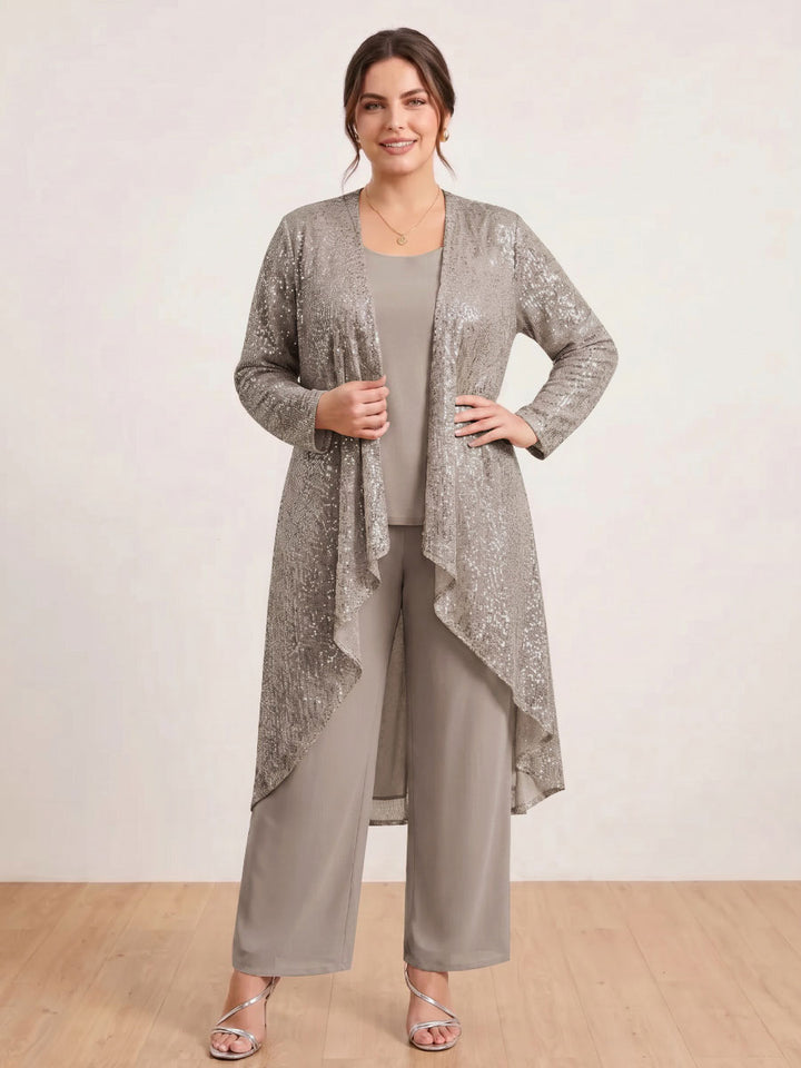 Chiffon Scoop Long Sleeves 3 Pieces Plus Size Pantsuits with Sequins &amp; Jacket