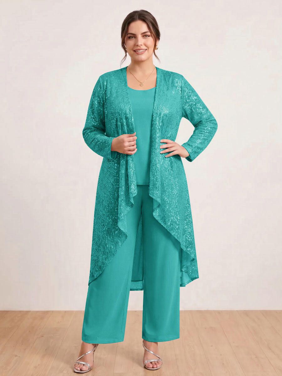 Chiffon Scoop Long Sleeves 3 Pieces Plus Size Pantsuits with Sequins &amp; Jacket