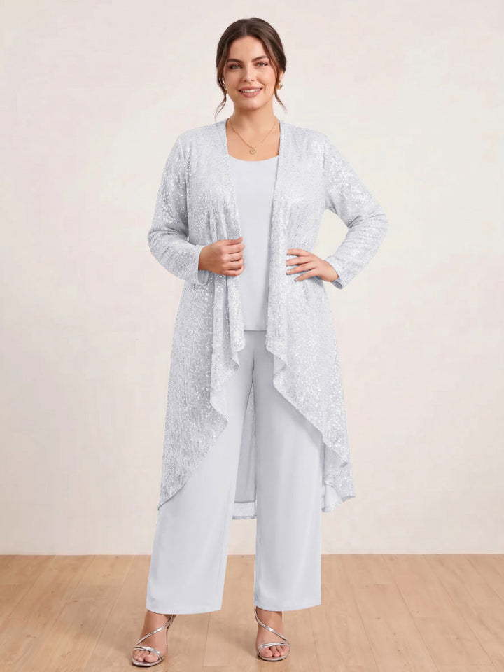 Chiffon Scoop Long Sleeves 3 Pieces Plus Size Pantsuits with Sequins &amp; Jacket