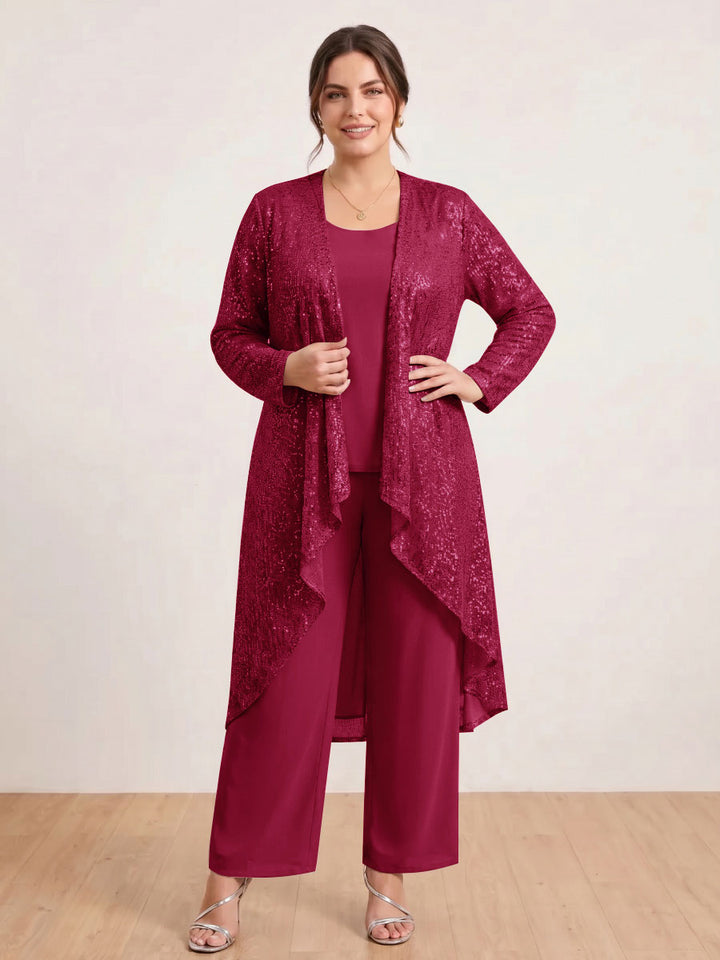 Chiffon Scoop Long Sleeves 3 Pieces Plus Size Pantsuits with Sequins &amp; Jacket