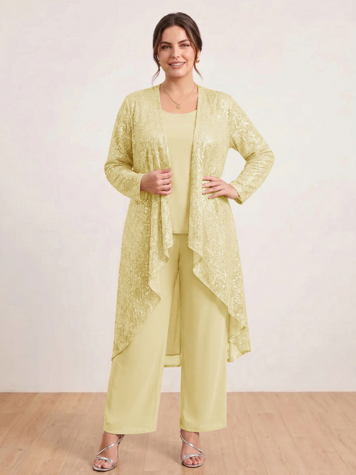 Chiffon Scoop Long Sleeves 3 Pieces Plus Size Pantsuits with Sequins &amp; Jacket