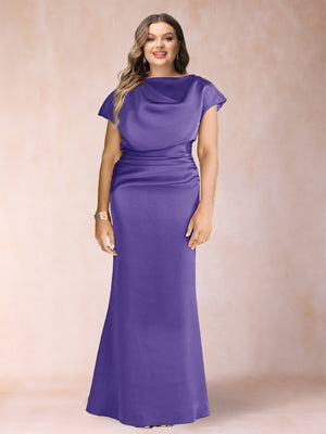 Sheath/Column Scoop Short Sleeves Plus Size Mother of the Bride Dresses with Ruched