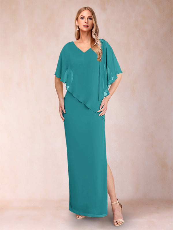 Sheath/Column Chiffon V-Neck Half Sleeves Mother of the Bride Dresses with Split Side