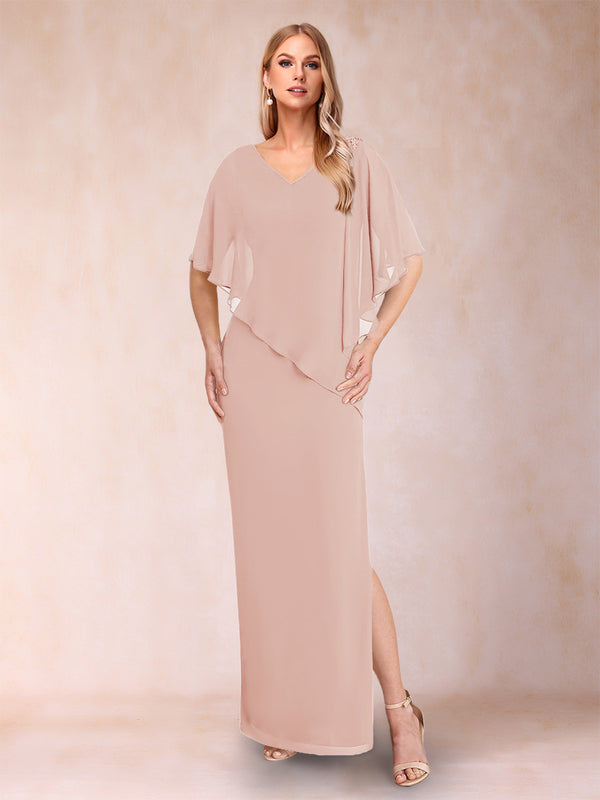 Sheath/Column Chiffon V-Neck Half Sleeves Mother of the Bride Dresses with Split Side