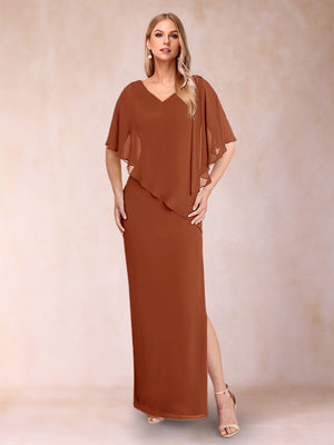 Sheath/Column Chiffon V-Neck Half Sleeves Mother of the Bride Dresses with Split Side