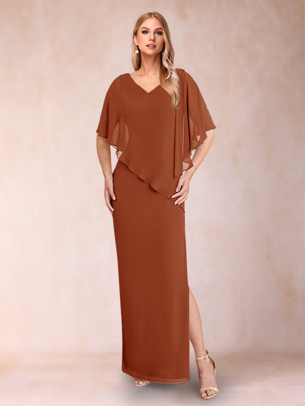 Sheath/Column Chiffon V-Neck Half Sleeves Mother of the Bride Dresses with Split Side